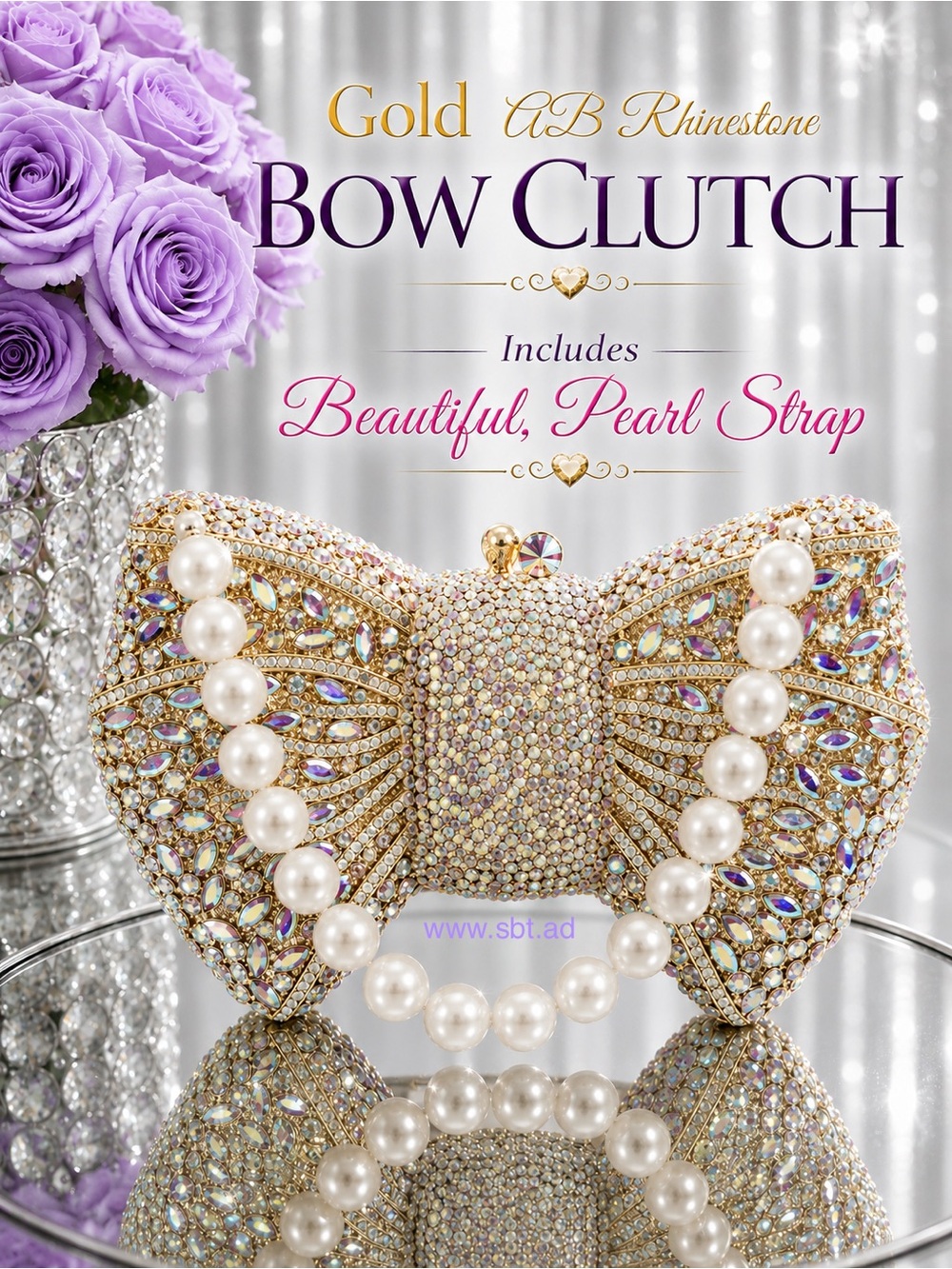 NEW Bow Clutch Purse Sparkling Bling Crystal Rhinestone Bag With Pearl Strap